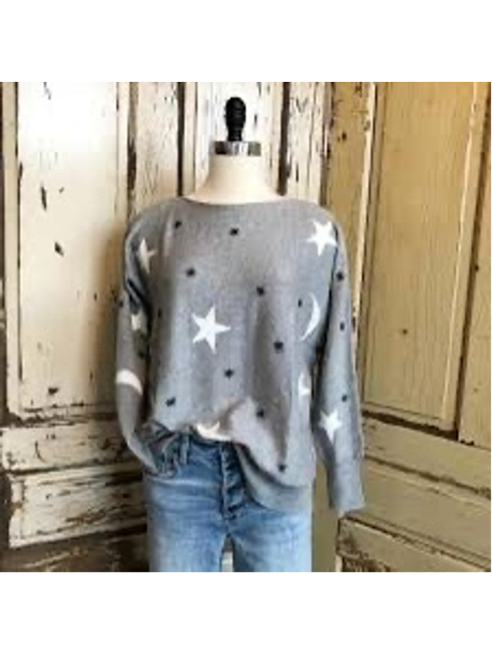 Zaket & Plover Whimsical Stars Moon Grey Knit Boatneck Sweater Size M Mystical